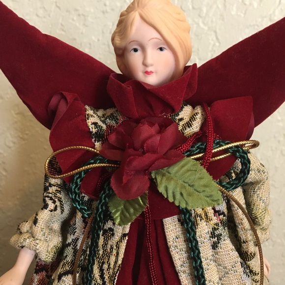 Christmas Tree Topper/Table Porcelain Angel Burgundy Tapestry Velvet Dress 11” - Picture 6 of 9
